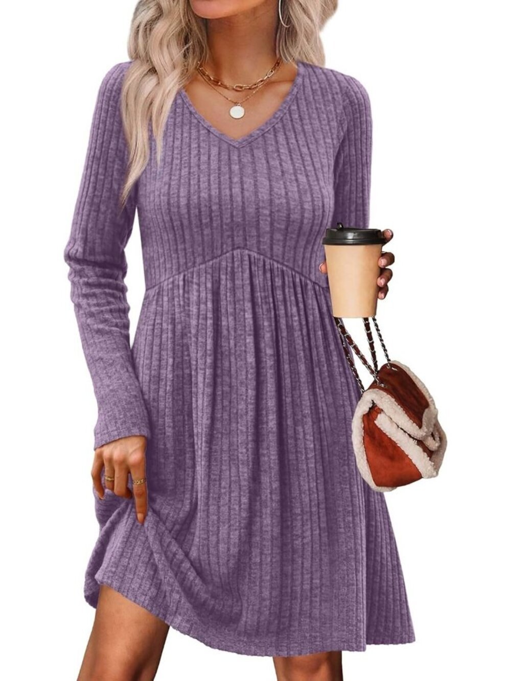 Women's Purple Neck Empire Waist Baby Doll Long Casual with Pocket Mini Dress